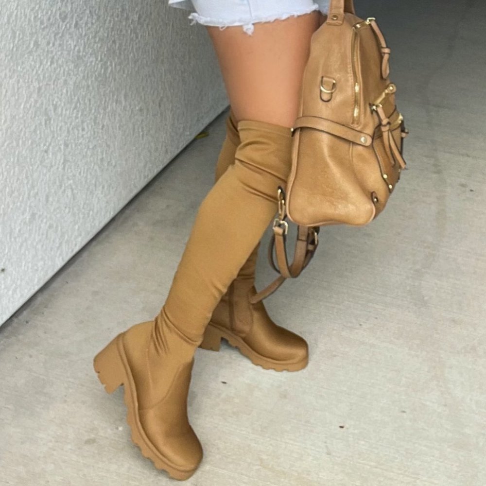 Stretchy Over The Knee Low Heel Lug Sole Boots